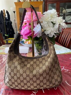 Gucci Brown Monogram Shoulder Bag with Dark Brown Trim